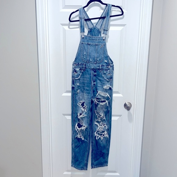 American Eagle 90s Boyfriend Overalls Women's XS Distressed Cotton Blue Denim - Picture 1 of 10